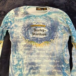 Harley Davidson, long sleeve shirt, extra large light blue American legend